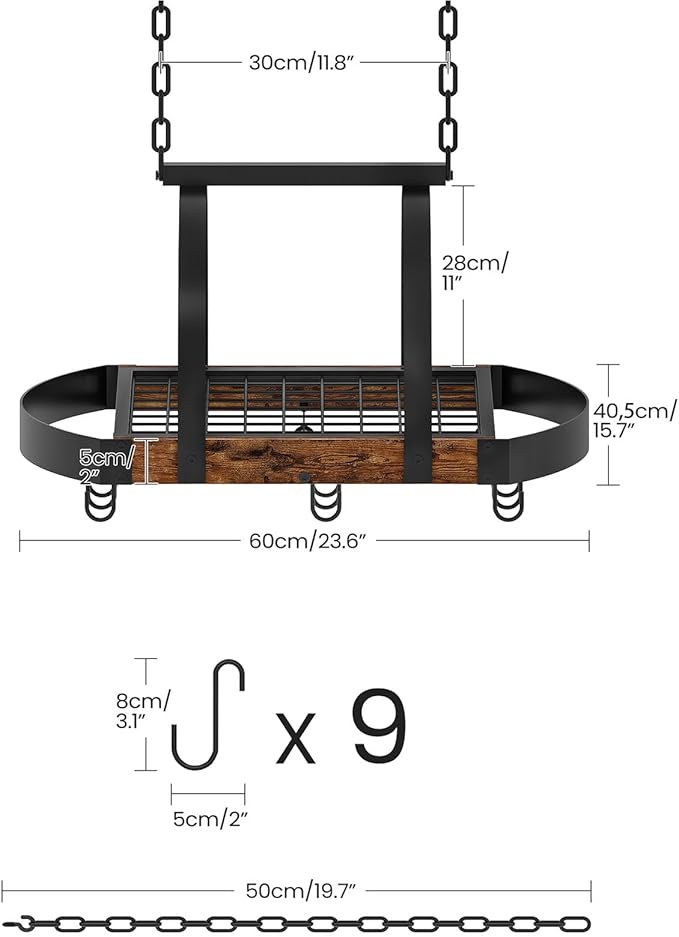 Hanging Pot Rack, Pot Hanger for Kitchen, Ceiling Mounted Pot Holder, Cookware Organizer with 9 S-Shaped Hooks, for Pot, Pan Storage, Space-Saving, Rustic Brown and Black TPR07BF