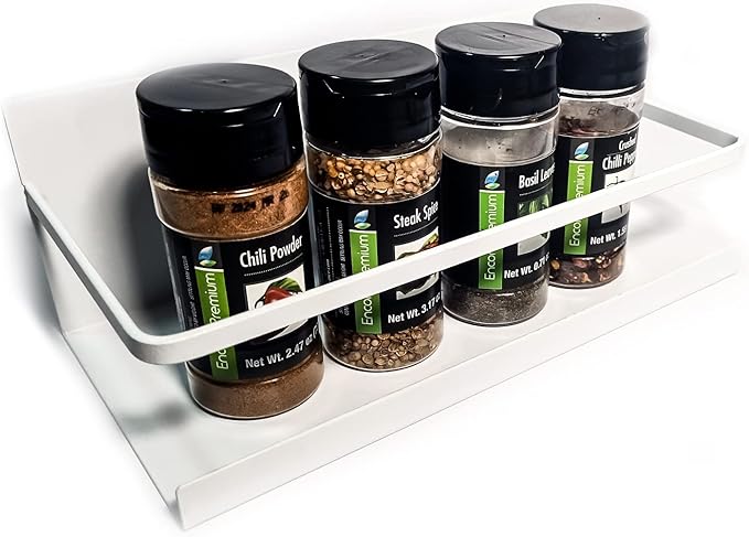Magnetic Spice Shelf Rack for Refrigerator - White, Sturdy Metal Organizer, Strong Magnet Spices Storage Organization for Fridge, Oven, Washing Machine, Water Dispenser and more - Space-Saving