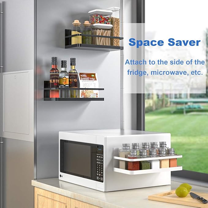 Magnetic Spice Rack, Magnet Refrigerator Spice Shelf Organizer for Spices, Jar of Olive Oil, Cooking Oils, Salt, Pepper, Perfect Space Saver for Small Kitchen (Black, 2)