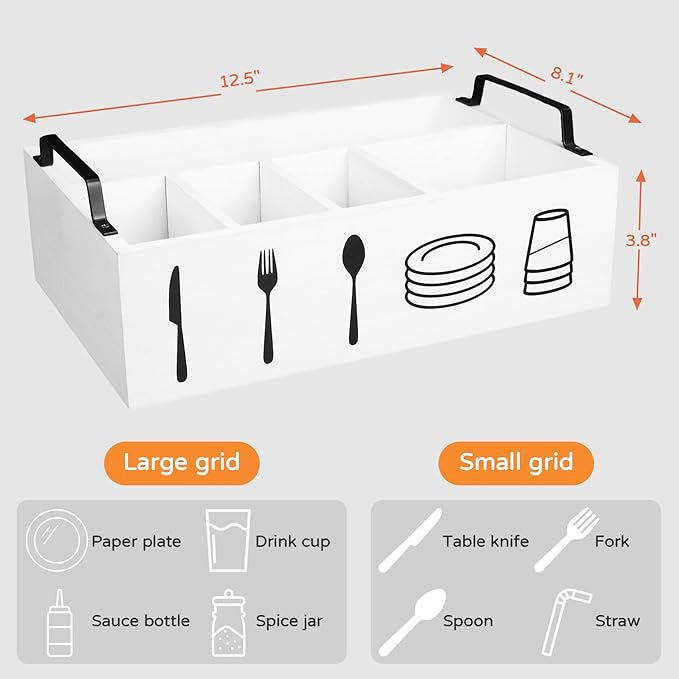 5-Tier Paper Plate Holder & Utensil Organizer for Kitchen - Wooden Storage Rack for Party, Picnic, BBQ | Under Cabinet Space Saving Design with 5 Compartments for Plates, Napkins, Cutlery (White)