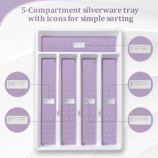 Silverware Organizer with Cutlery Icons，Silverware Tray for Kitchen Drawer，Flatware Tableware Cultery Drawer Organizer Utensil Organizer with Non-slip TPR Linings，Kitchen Organization Essentials