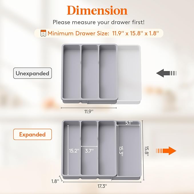 Lifewit Utensil Drawer Organizer, Expendable Cooking Silverware Tray for Kitchen Drawer, Adjustable Cutlery Flatware Holder, Plastic Spatula Tools and Gadgets Storage Divider, 4 Compartments, Gray