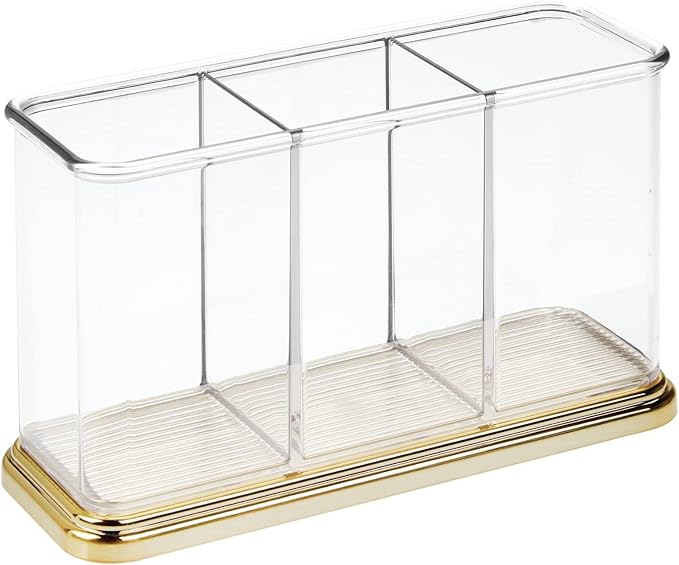 mDesign Plastic Cutlery Utensil Holder Storage Organizer Caddy for Kitchen Countertop Organization - Holds Fork, Knife, Spoon, Silverware - 3 Divided Sections - Hyde Collection - Clear/Soft Brass