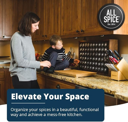 AllSpice Wood Spice Rack Organizer, 525 Unique Labels, Countertop or Wall Mount, Includes 30 4oz Jars- Walnut Stain