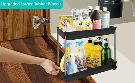 [Upgrade Wheels] Under Sink Organizers and Storage, Multi-Purpose 2 Tier Bathroom Organization Countertop or Undersink Shelf, Kitchen Under Cabinet Container Basket Caddy (1 Packs)
