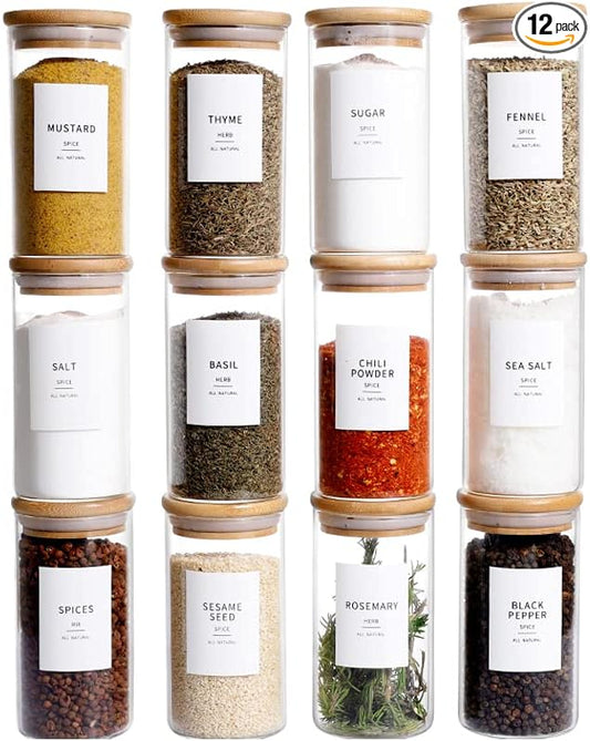 12 Pcs Glass Spice Jars With Bamboo Airtight Lids 8oz Thicken(2.4mm) Spice Containers With 148 Minimalist Preprinted Waterproof Spice Labels Kitchen Empty Small Storage Jars For Seasoning, Herb