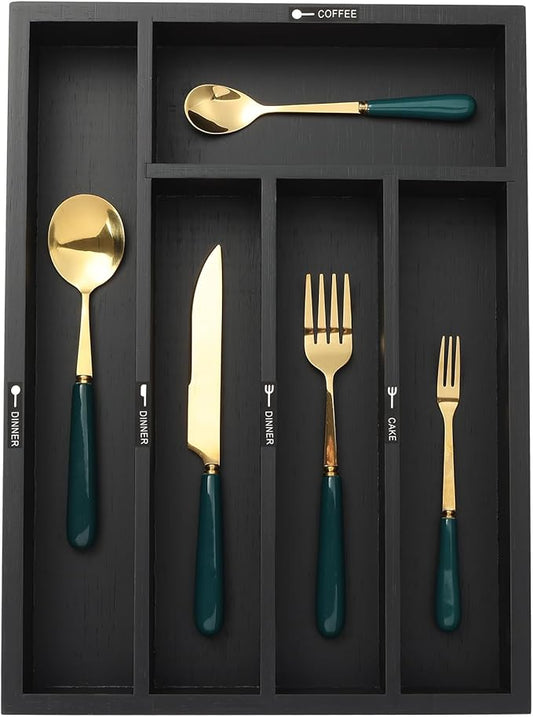 Bamboo Silverware Drawer Organizer with Labels,Kitchen Small Narrow Utensil Drawer Organizer,Kitchen Utensil Tray Holder Organizer for Flatware,Cutlery,Spoon,Knives Drawer Organization (Black, Large)