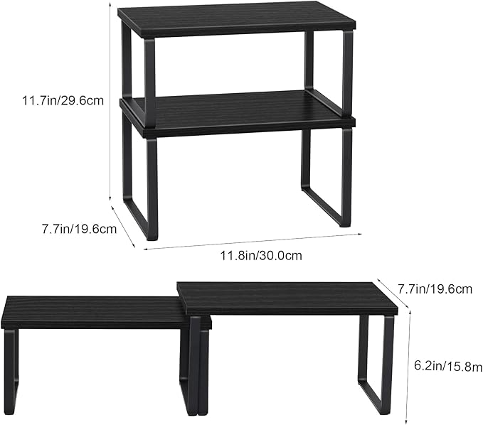 CADUKE Counter Shelf Organizer Set of 2, Wood Kitchen Cabinet Shelves, Expandable Cabinet Organizer, Stackable Countertop Storage Rack for Bathroom Pantry, Black