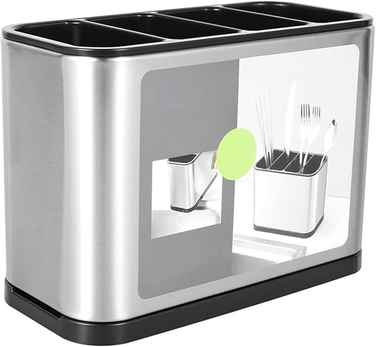 Silverware Cutlery Organizer, Stainless Steel Kitchen Utensil Holder with 4 Compartments for Counter, Caddy Organizer for Faltware Spoon Fork and Tool