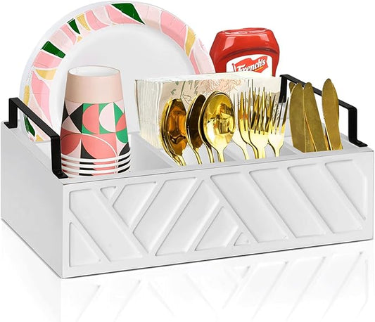 Paper Plate Dispenser, Paper Plate Holder for Kitchen Counter, Wood Rustic Silverware Utensil Caddy, Flatware Organizer with 6 Compartments- Plate Caddy for Picnic and Kitchen (White)