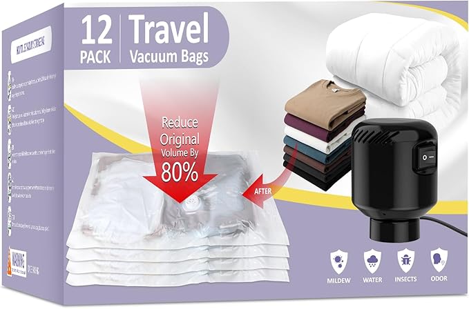 12 Pack Vacuum Storage Bags, Space Saver Bags, Compression for Comforters and Blankets, Plush Toy, Sealer Clothes Storage (3 Jumbo/3 Large/3 Medium/3 Small) Electric Vacuum Pump Included