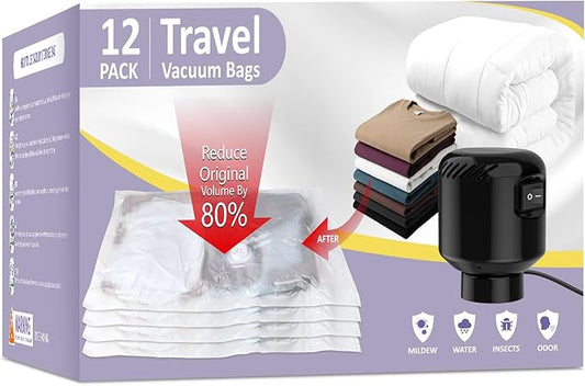 12 Pack Vacuum Storage Bags, Space Saver Bags, Compression for Comforters and Blankets, Plush Toy, Sealer Clothes Storage (3 Jumbo/3 Large/3 Medium/3 Small) Electric Vacuum Pump Included