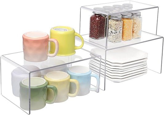 Acrylic Cabinet Organizer Shelf, 3 Pack Spice Rack Pantry Countertop Desk Organizers Display Shelves for Kitchen, Display Pantry Spice Organization for Cabinet, Plate Organizer for Cabinet Space Save