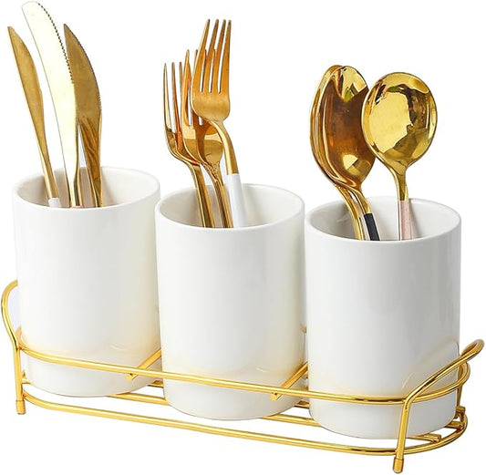 3-Piece White Ceramic Silverware Caddy with Golden Metal Rack, Utensil Holder Flatware Caddy Cutlery Storage Organizer for Kitchen Table (White+Gold)