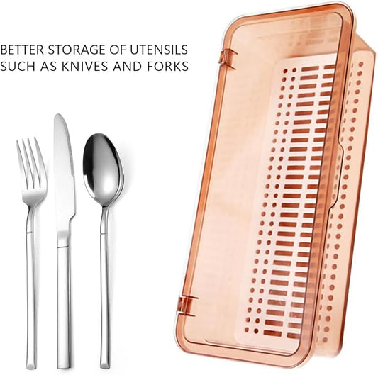 Flatware Tray with Lid,Silverware Tray Kitchen Cutlery Tray and Utensil Storage Container for Flatware and Silverware (Brown)