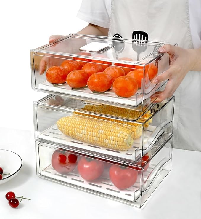 Refrigerator Organizers and Storage Drawer, Stackable Fruit Storage Containers for Fridge, Reusable Fridge Organizer fit for Kitchen Refrigerator and Restaurant Freezer (2 Drawers, Medium)