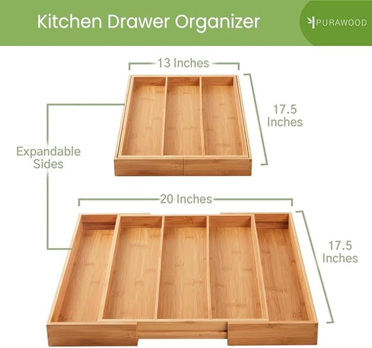 Purawood Kitchen Drawer Organizer - Expandable Utensil Drawer Organizer for Kitchen, Cutlery Tray & Silverware Organizer, 3-5 Slots - Bamboo Organizer for Utensils & Flatware (Natural)