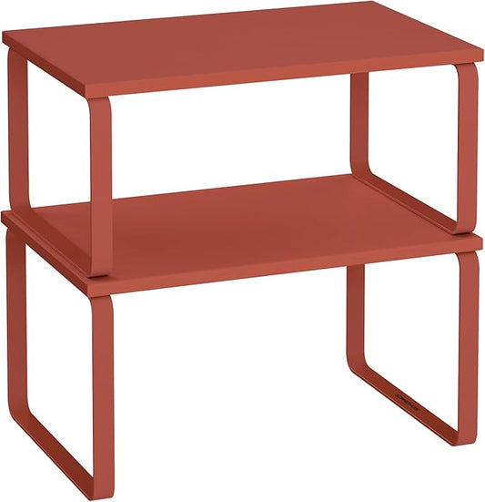 SONGMICS Cabinet Organizer Shelf, Set of 2 Kitchen Counter Shelves, Kitchen Storage, Spice Rack, Stackable, Expandable, Metal and Engineered Wood, Mandarin Red UKCS002Y02