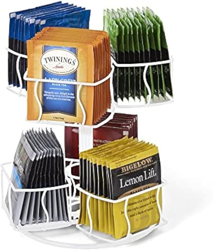 Nifty Tea Bag Spinning Carousel – 6 Compartments, Up to 60 Tea Bags Storage, Spins 360-Degrees, Lazy Susan Platform, Modern White Design, Home or Office Kitchen Counter Organizer
