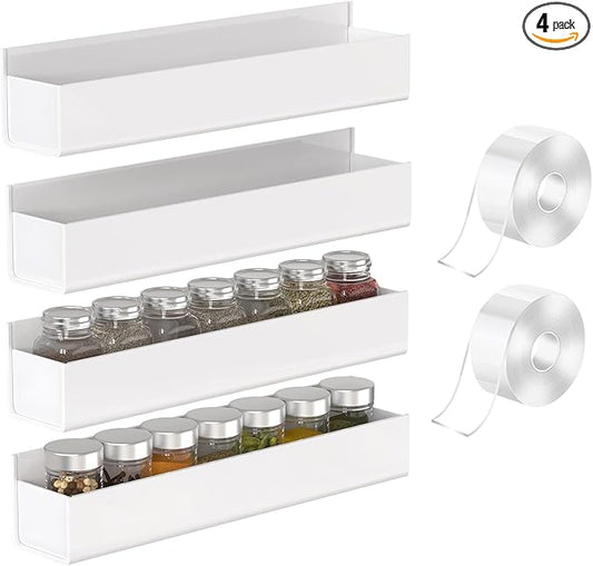 VAEHOLD 4PACK Adhesive Acrylic Spice Rack with Nano Double Sided Tape Wall Mount Organizer (White)