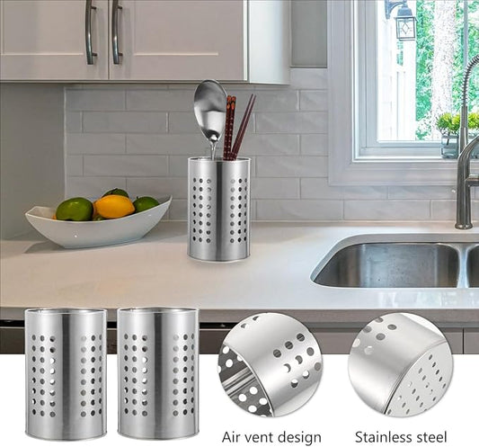DOITOOL 2PCS Stainless Steel Kitchen Utensil Holders for Countertop Spoon Holder Silverware , Chopsticks Holder Spoon and Fork Holder for Restaurant (12 X 12 X 18CM)