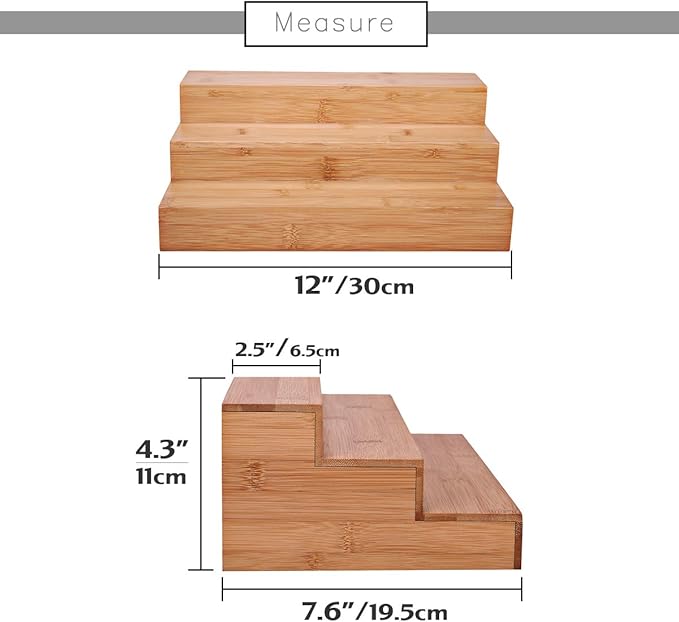 Step Spice Rack Set Cabinet Shelf Spice Holder, 3-Tier Bamboo Spice Organizers for Cabinet/Pantry/Cupboard/Countertop, Step Display Rack for Toy Suitable for Home/Office, 2 Pack Step Rack