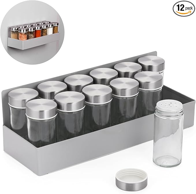 Magnetic Spice Rack with 12 Glass Spice Jars ，Spice Organizer Set for Refrigerator，3oz. Glass Spice Jars with Shaker Lids and Metal Caps，Magnetic Spice Rack with Jars Kitchen Spice Storage Set