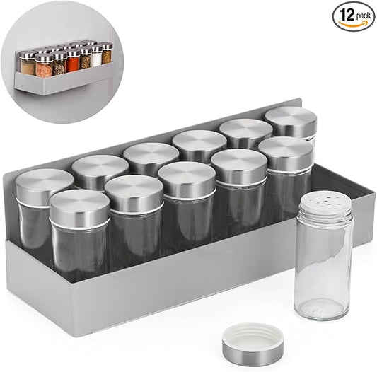 Magnetic Spice Rack with 12 Glass Spice Jars ，Spice Organizer Set for Refrigerator，3oz. Glass Spice Jars with Shaker Lids and Metal Caps，Magnetic Spice Rack with Jars Kitchen Spice Storage Set