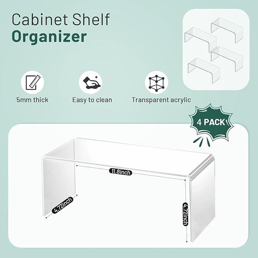 4 Packs Kitchen Cabinet Shelf Organizer, Acrylic Clear Shelf Riser, 5mm Thick Spice Rack for Dishes, Soda Cans and Cup（11.8 x 4.72 x 4.72 Inch）