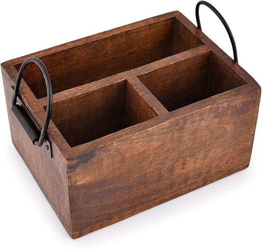 EDHAS 3 Compartment Flatware Caddy, Cutlery Utensil Holder with Metal Handles for Farmhouse Kitchen Decor and Countertop, Dining Table, Office Organizer (8" x 6" x 4")