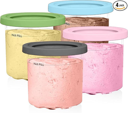 Containers Replacement for Ninja Creami Pints and Lids - 4 Pack, 16oz Cups Compatible with NC301 NC300 NC299AMZ Series Ice Cream Maker - Dishwasher Safe, Leak Proof Lids Pink/Mint/Grey/Blue
