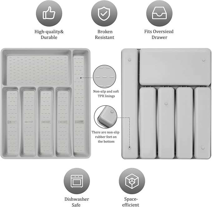 Silverware Organizer with Cutlery Icons，Silverware Tray for Kitchen Drawer，Plastic Flatware Tableware Cultery Drawer Organizer Utensil Organizer with Non-slip TPR Linings，6-Compartment，Grey