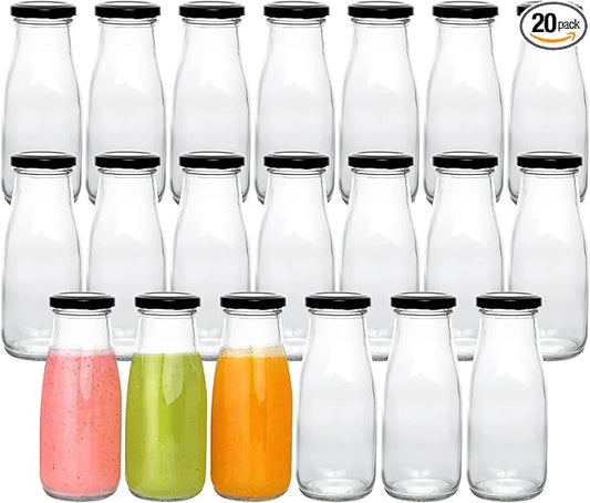 QAPPDA 12 oz Glass Bottles, Clear Glass Milk Bottles with Black Metal Airtight Lids, Vintage Breakfast Shake Container, Vintage Drinking Bottle with Whiteboard Labels and Pen for Party,Kids,Set of 20