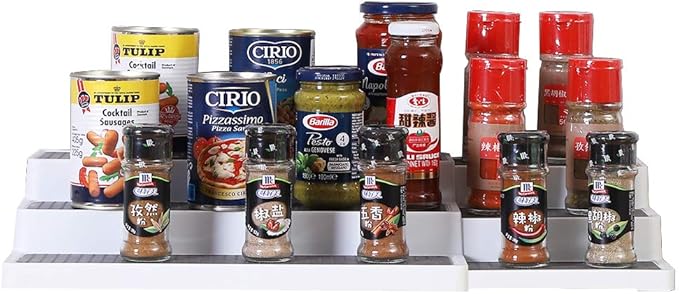 YCOCO 3-Tier Expandable Spice Rack Step Modern Design Waterproof and Non Skid Shelf Kitchen Organizer for Pantry Cabinet or Countertop Use