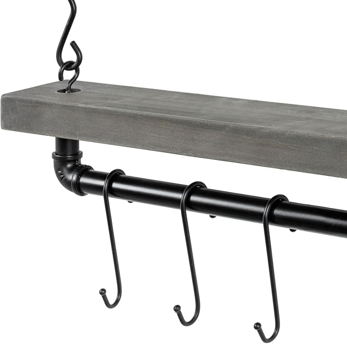 MyGift Ceiling or Wall Mounted Pot Rack with Shelf, Industrial Black Pipe and Gray Wood Hanging Cookware Utensil Organizer with 8 S-Hooks