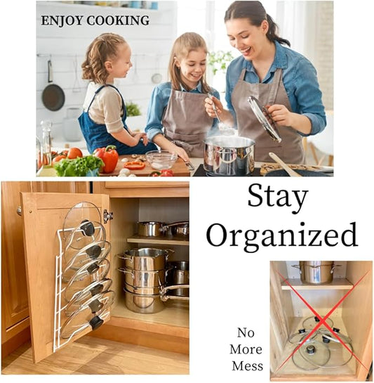Evelots 6 Pot Lid Organizer for Cabinet Door or Pantry Wall - Closet Door Pots and Pans Lids Holder - Glass or Metal Pan Covers Cabinet Organizer Kitchen Storage - White 6 Tier Lid Rack