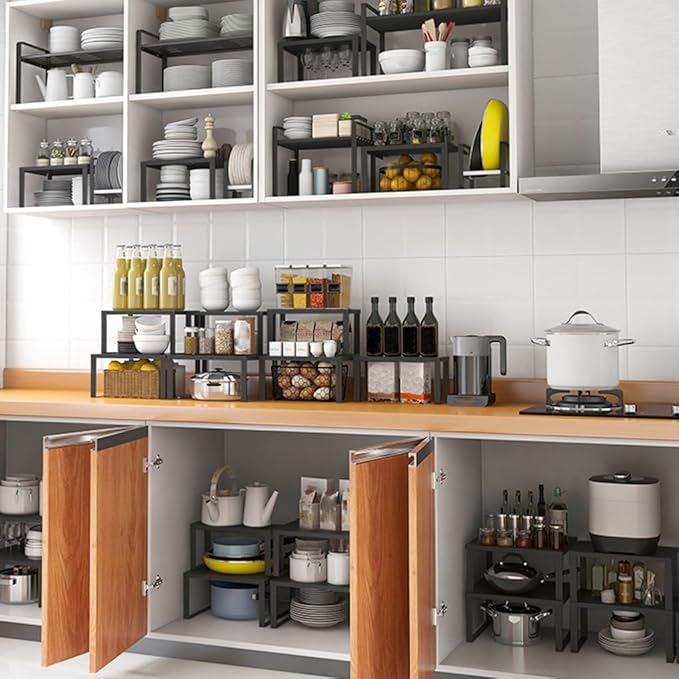 Stackable Cabinet Shelf Organizer Counter Storage Spice Rack Metal Space Saving for Kitchen Pantry Cupboard Countertop Bathroom Bedroom Under Sink Office, Black - Small