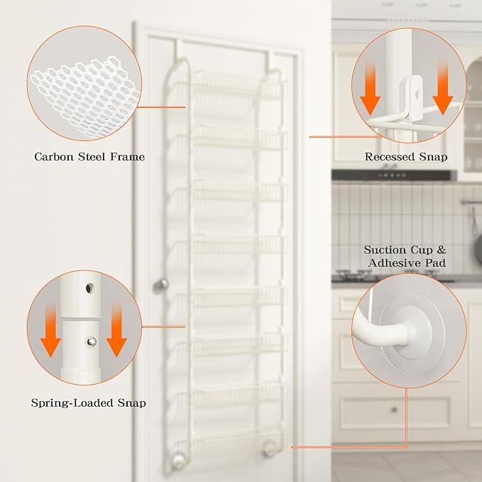 Over the Door Pantry Organizers and Storage, 8-Tier Spice Rack, Home & Kitchen Storage Shelves for Cabinet, Large Capacity Hanging Seasoning Organizer, Laundry Room Organization, White