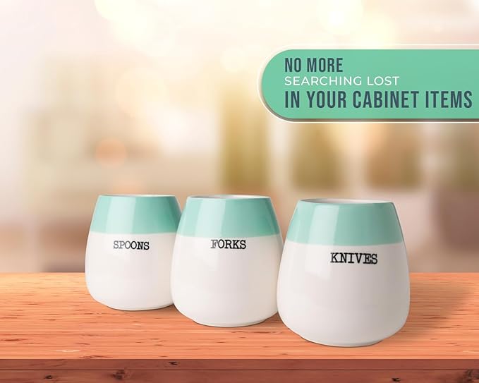 Ceramic "Honeypot" Cutlery Holder - Set of 3 - Farmhouse Silverware Caddy for Kitchen Countretop - Decorative Spoon, Fork & Knife Holder for Parties & More - Rustic Caddy Made of Premium Ceramic