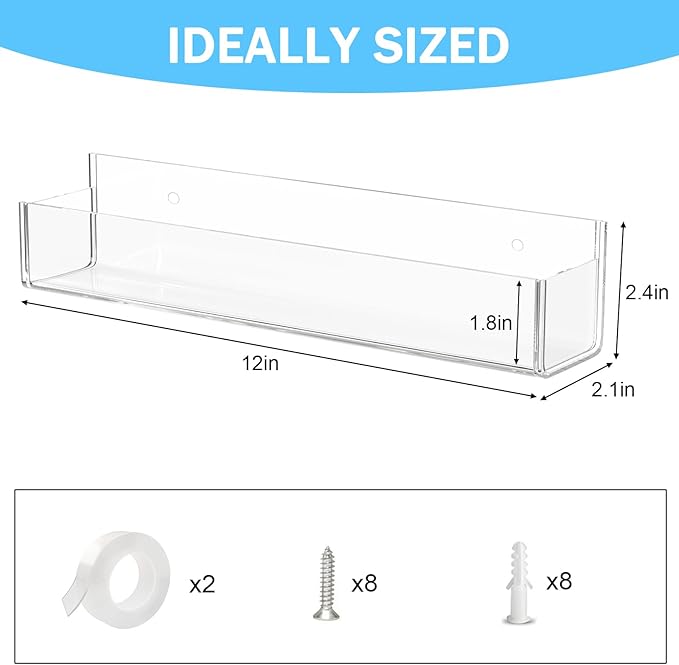 VAEHOLD 4 PACK Adhesive Acrylic Spice Rack with Nano Double Sided Tape Wall Mount Organizer (Black)
