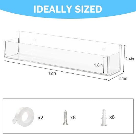 VAEHOLD Adhesive Acrylic Spice Rack with 2 Nano Double Sided Tape Wall Mount Organizer for Bathroom Clear Wall Spice Rack With Shelf Ends for Kitchen Cabinet Door - 4 Pack