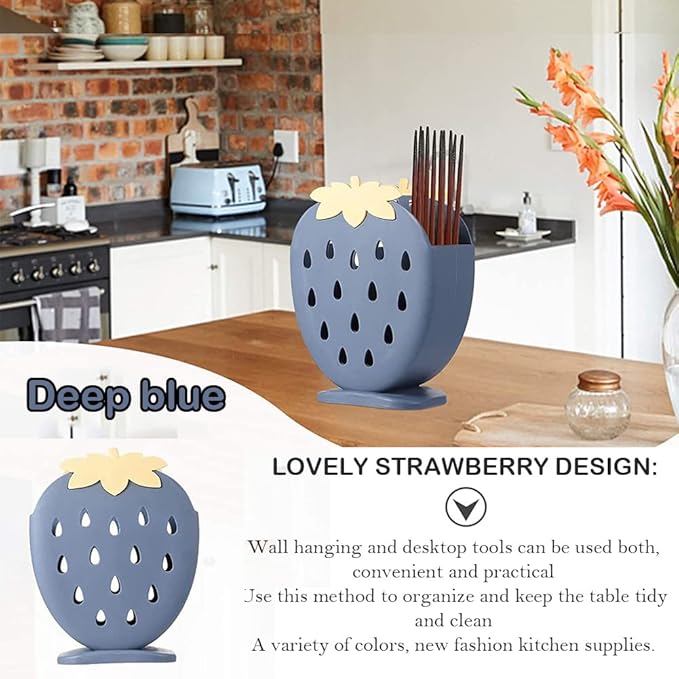 AKOAK 1 Pack Strawberry Chopsticks Stand, Cutlery Storage Box, Suitable for Storing Spoons, Chopsticks, Spoons, Knives and Other Kitchen Utensils (Dark Blue)