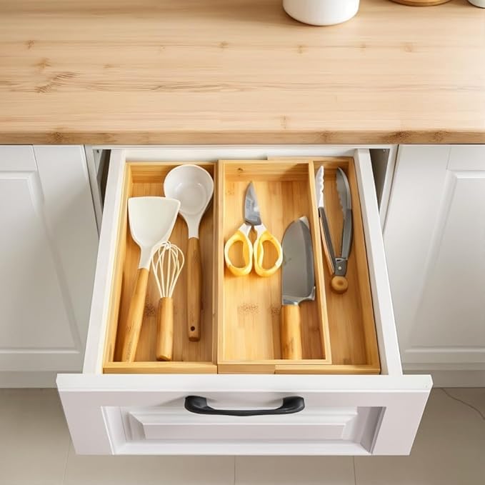 Bamboo Expandable Drawer Organizer for Utensils,16" Utensil Holder and Cutlery Tray.