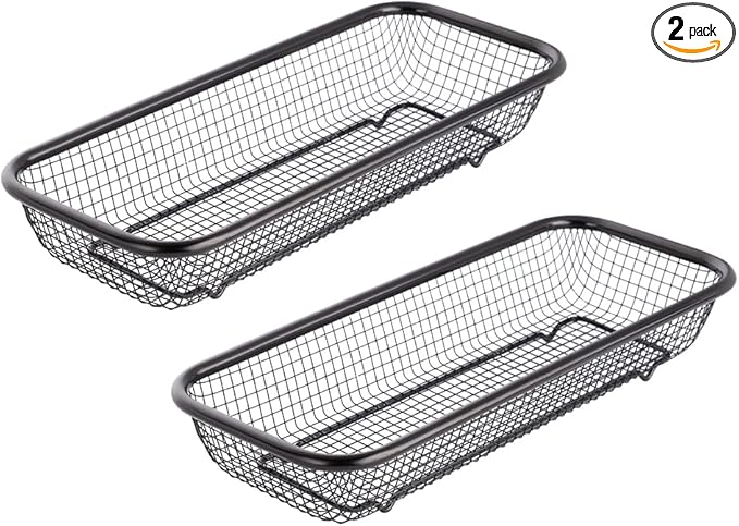 Kitchen Flatware Drawer Organizer, 2pcs Stackable Mesh Cabinet Storage Basket, Stainless Steel Kitchen Utensils Filter Drying Rack Holder for Knives, Fork, Spoon Chopsticks (Black)