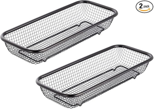 Kitchen Flatware Drawer Organizer, 2pcs Stackable Mesh Cabinet Storage Basket, Stainless Steel Kitchen Utensils Filter Drying Rack Holder for Knives, Fork, Spoon Chopsticks (Black)