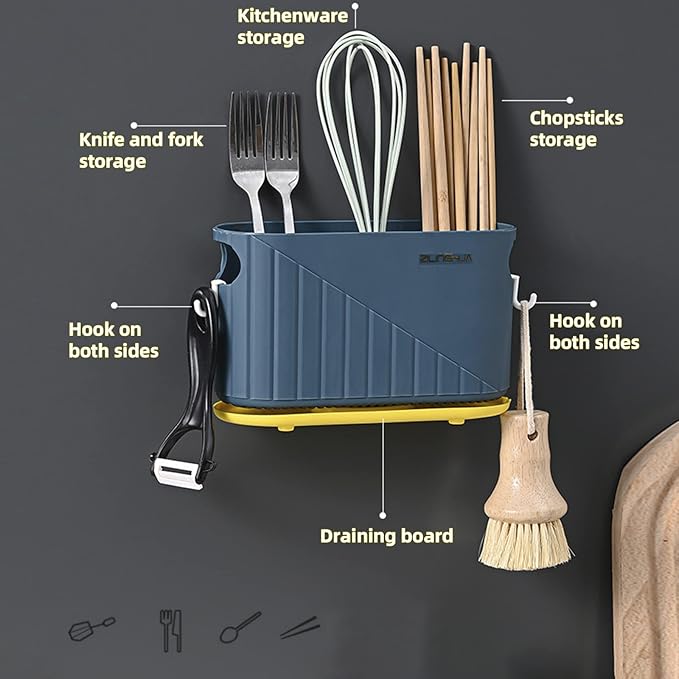 Kitchen Cutlery Drainer Utensil Holder Cutlery Storage Box Wall-Mounted Tableware Storage Holder Utensil Caddy Flatware Organizer Countertop (Blue)