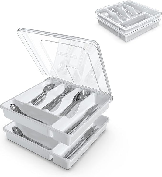 2 Layer Large Silverware Tray with Lid,Stackable Utensil Organizer for Countertop,Removable Tray for Flatware Organizer, White