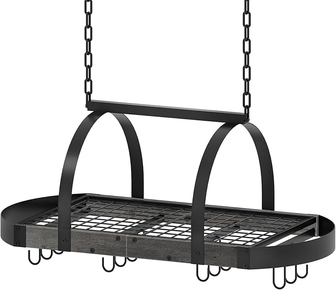 Hanging Pot Rack, Pot Hanger for Kitchen, Ceiling Mounted Pot Holder, Cookware Organizer with 12 S-Shaped Hooks, for Pot, Pan Storage, Space-Saving, Charcoal Black and Black TPR08BCC1