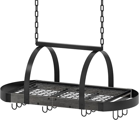 Hanging Pot Rack, Pot Hanger for Kitchen, Ceiling Mounted Pot Holder, Cookware Organizer with 12 S-Shaped Hooks, for Pot, Pan Storage, Space-Saving, Charcoal Black and Black TPR08BCC1