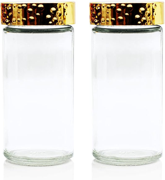 2pcs Gold Spice Jars, 3 oz Glass Seasoning Bottles, Spices Container, Empty Spice Jars, Round Spice Bottles with Airtight Plastic Caps with Shaker Lids (2, gold)